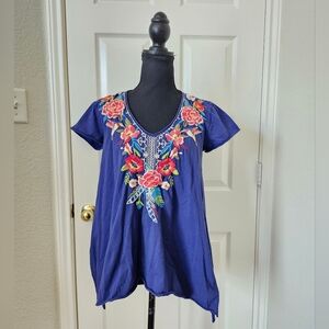 Johnny Was Navy Floral Embroidered Blouse V Neck Birds XS